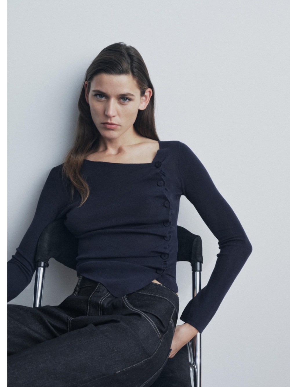 Zara Navy Ruched Knit Top